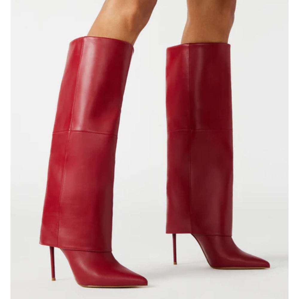 Red Leather Steve Madden Stiletto Fold Over Knee High Boots